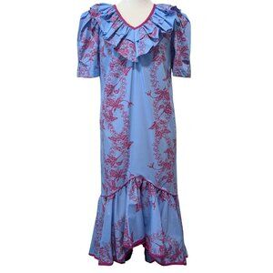 Vintage Hilo Hattie Womens Sz 8 Blue Floral Ruffle Pockets Aloha Midi Maxi Dress